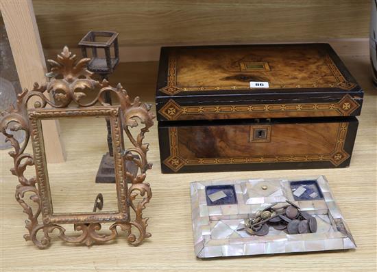 A Victorian burr walnut writing slope, a mother of pearl inkstand, a frame and a miniature lamp slope width 35cm